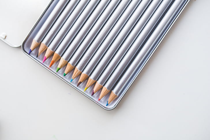sfarbenie, ceruzky, prípad, plytké, zameranie, fotografovanie, dizajn