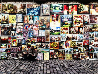 Art, artista, pintures, pintor, carrer, llambordes, collage