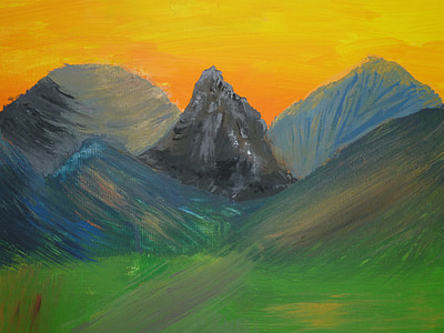 tapyba, kraštovaizdžio, kalnai, apšvietimas, akrilinių dažų, Akrilo, kalnų peizažas