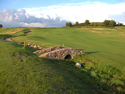 stone, wall, forest, golf, course, grass, turf