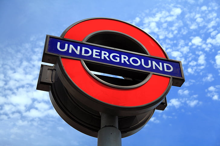 röd, blå, vit, underground, skyltning, London, Sky