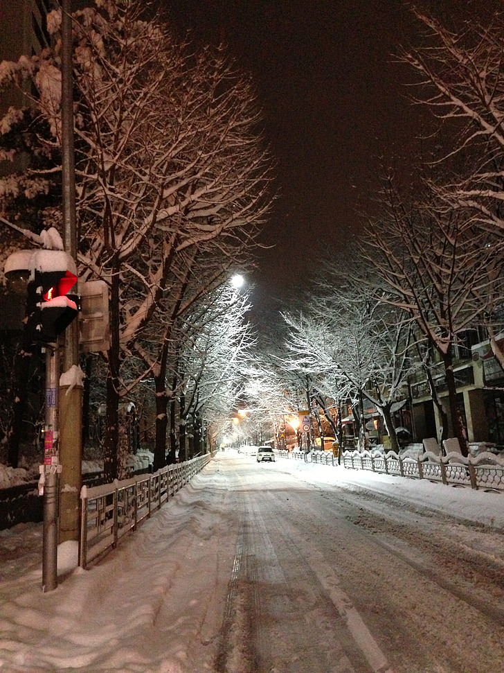 musim dingin, malam, salju, Street, dingin - suhu, lampu jalan, adegan perkotaan