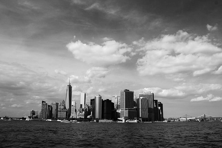 Manhattan, Skyline, moln, byggnad, Panorama, fisheye, företag