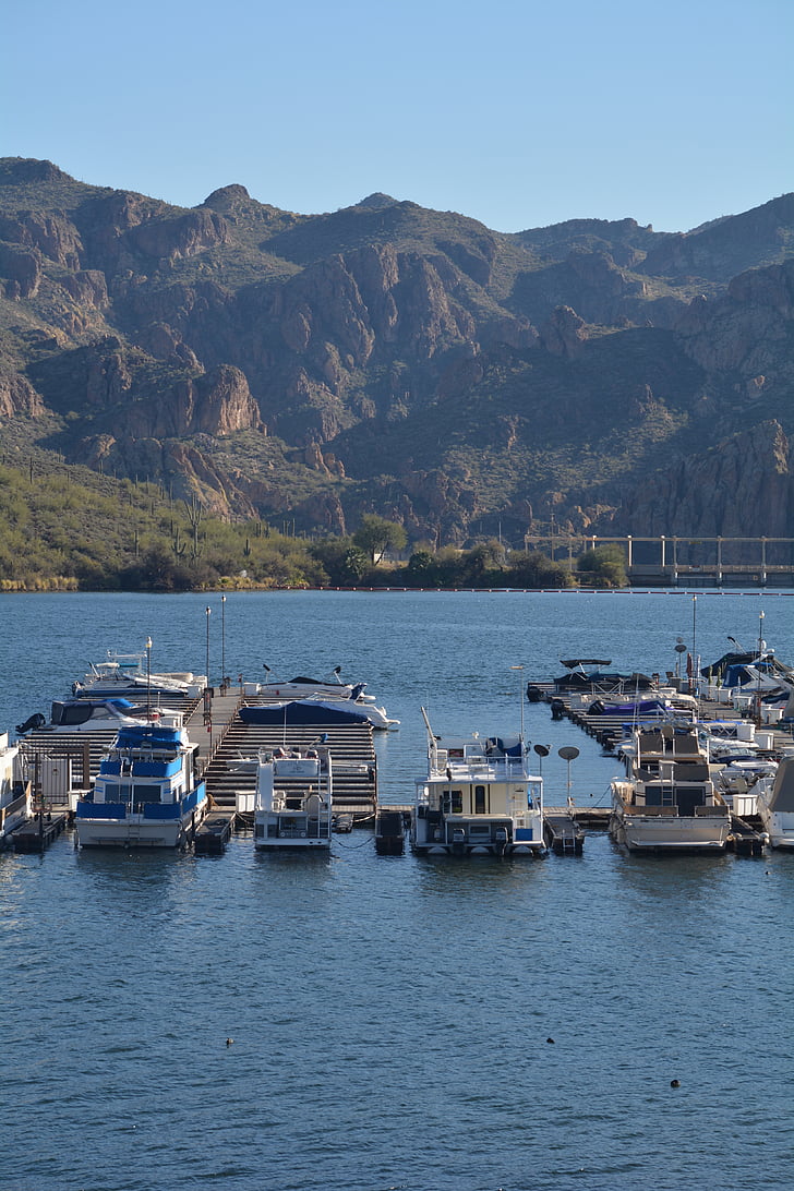 Marina, łodzie, Jezioro, jeziora Saguaro, Salt river, wody, niebieski