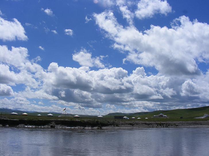 lake, sky, clouds, tibet, water, nature, landscape