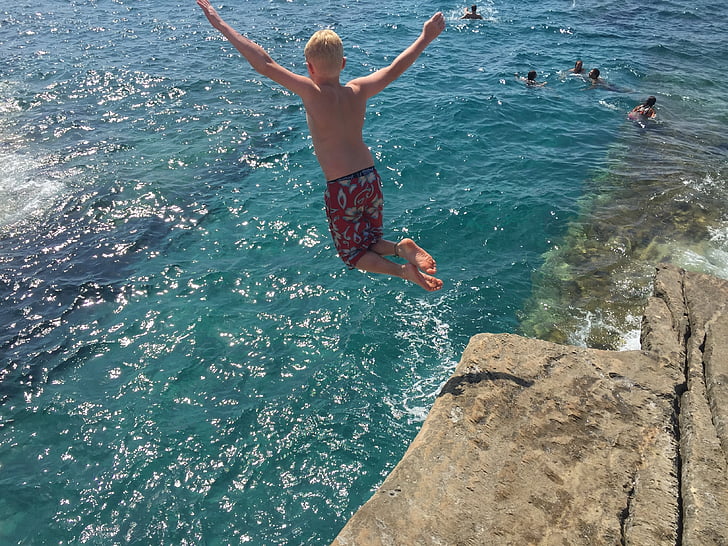 sea, cliff, boy, jump, greece, coast, rock