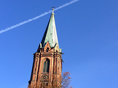 Kirchturm, Lüneburg, Nicolai-Kirche, Kondensstreifen, Spire, Kirche, Himmel
