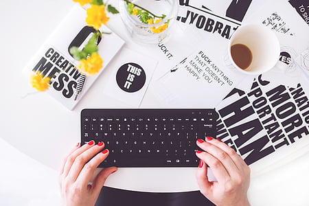 black, keyboard, beside, coffee, cup, girl, hands