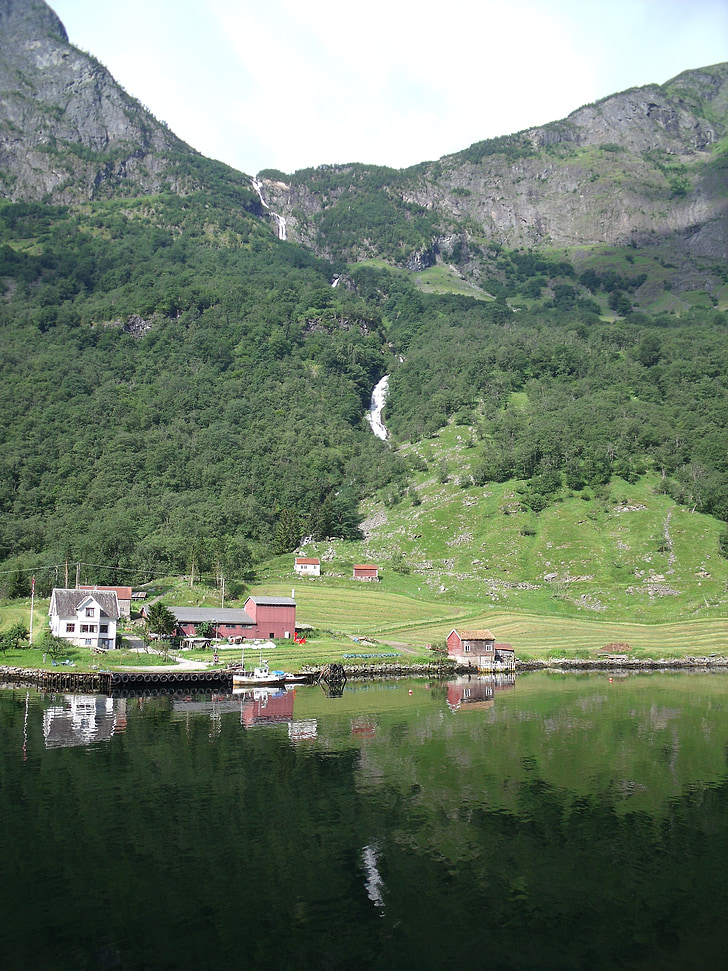 landscape, houses, green, fiord, reflection, norway, village