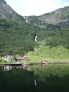 landskab, huse, grøn, Fjord, refleksion, Norge, Village