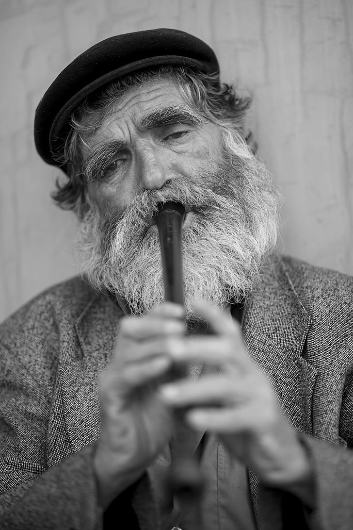 oude, man, baard, muziek, Kaval, fluit, eenzaamheid