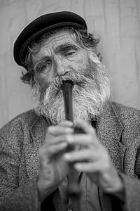 gamle, mann, skjegg, musikk, Kaval, fløyte, ensomhet