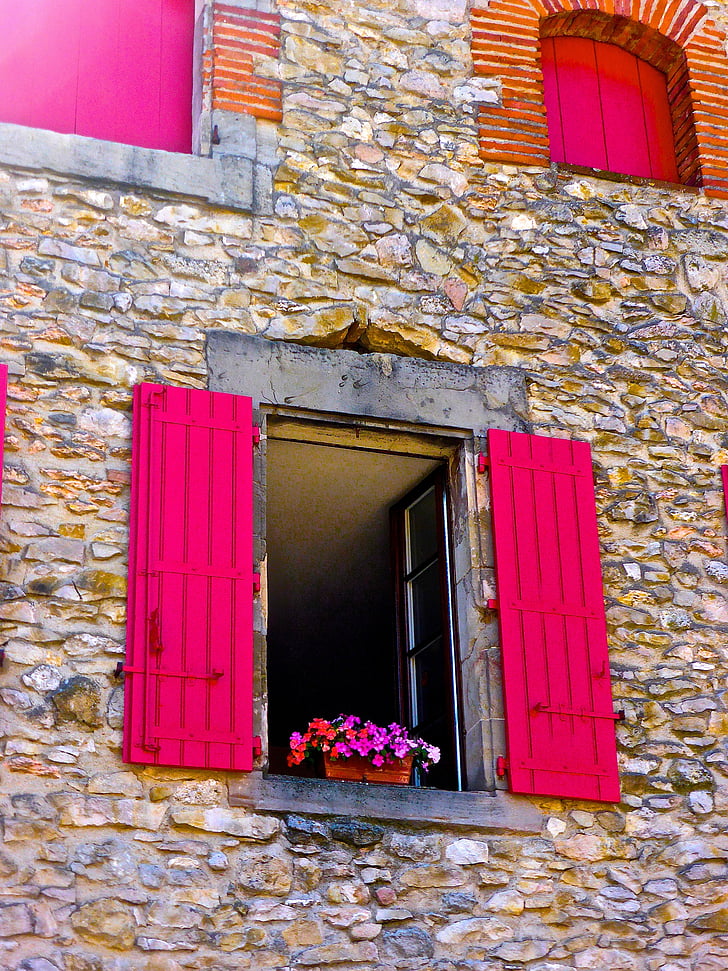 ventana, rojo, piedra, flores, exterior casa, brillante, decoración