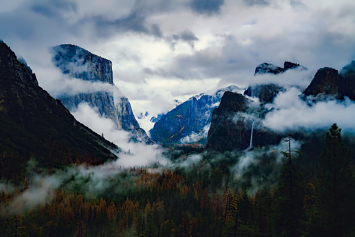 Yosemite, Parcul Naţional, Valea, Răsărit de soare, ceaţă, cer, nori