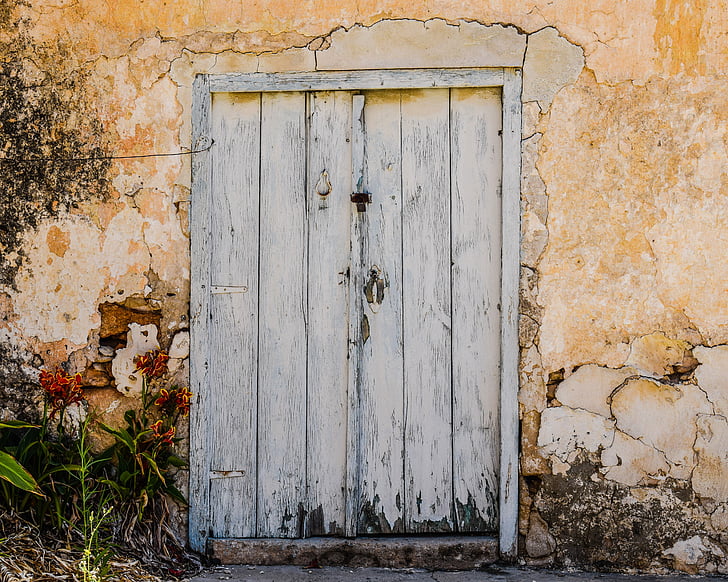 drzwi, stary, w wieku, wyblakły, zardzewiały, wejście, drewniane