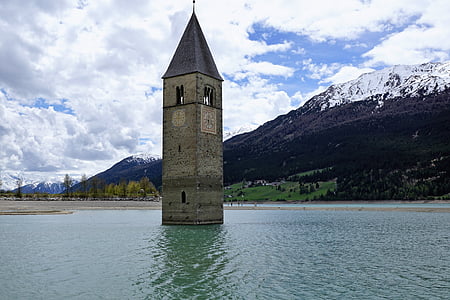 reschensee, curon venosta, jezera v mestu Resia, St valentin auf der haide, kaschon, Adige, jezero