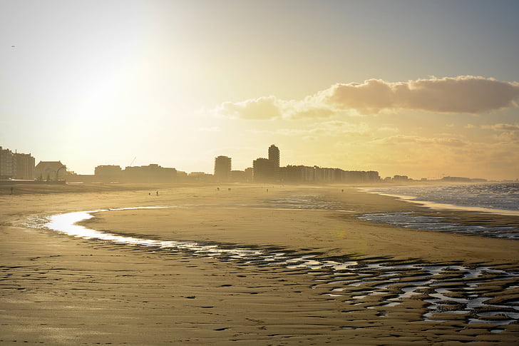 havet, Panorama, Se, Oostende, sollys, bygninger, horisonten