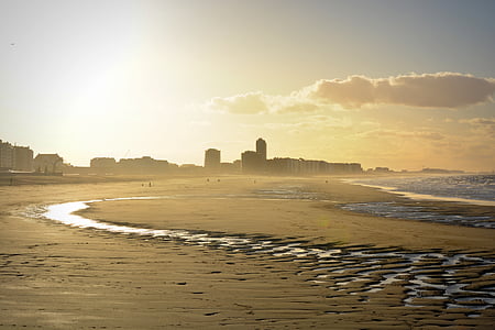 morje, Panorama, pogled, Oostende, sončne svetlobe, stavb, obzorje