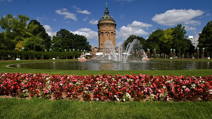 Mannheim, Torre del agua, flores, fuente