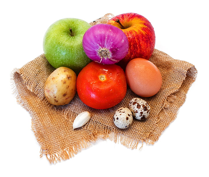 köögiviljad, tomat, Apple, küüslauk, kartul, muna, märg