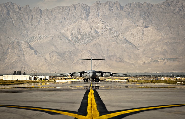 Afganisztán, Air base, repülőgép, sík, Futópálya, felszállás, hegyek