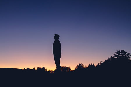 silhouette, man, standing, guy, dusk, sky, sunset