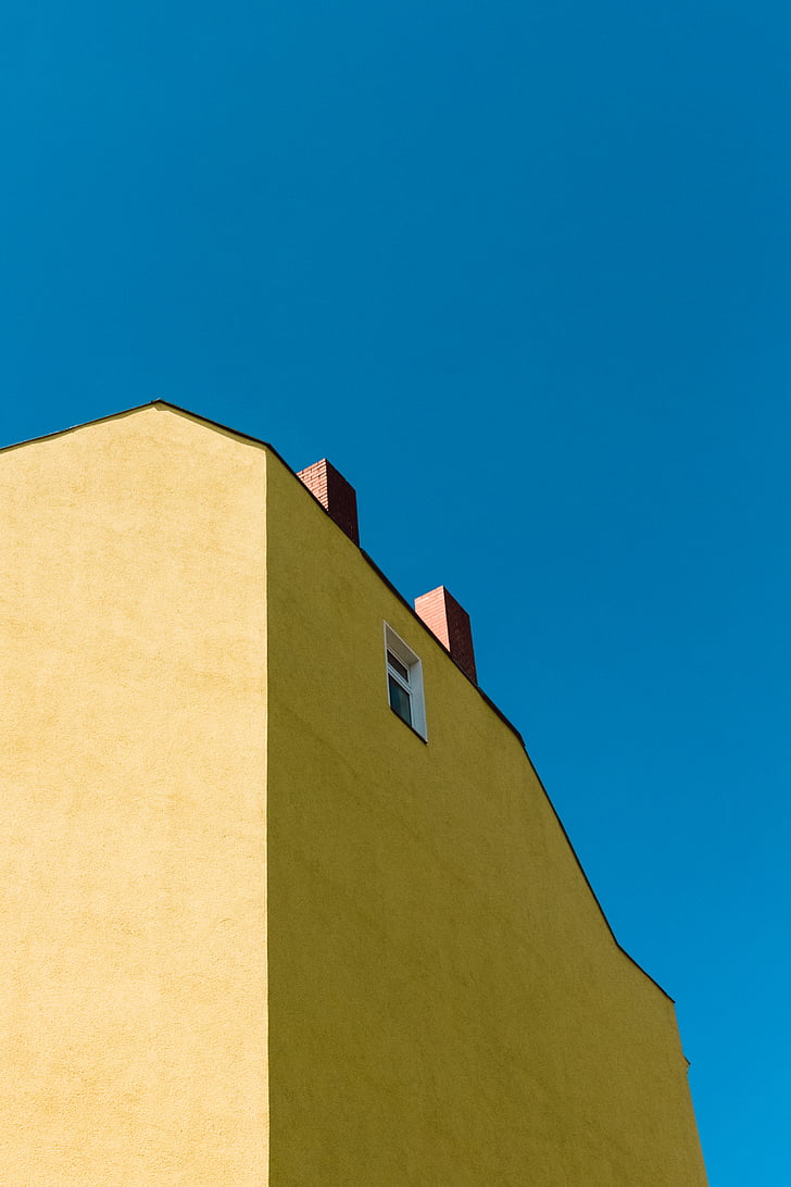 giallo, costruzione, blu, cielo, finestra, edifici, compilazione
