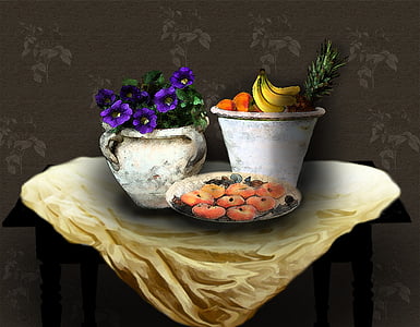imatge, bodegons, taula, fruita, recipients de ceràmica, Art, decoració