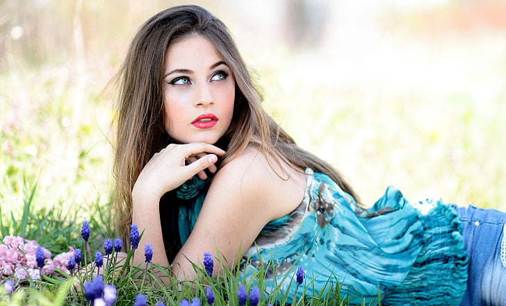 girl, flowers, spring, blue eyes, beauty, field, blue
