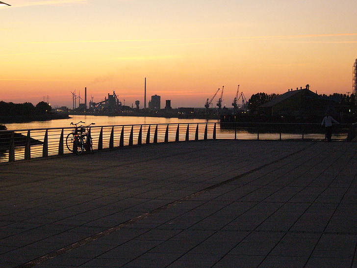 stad, zonsondergang, hemel, Afterglow, avondlucht, rivier, Bremen