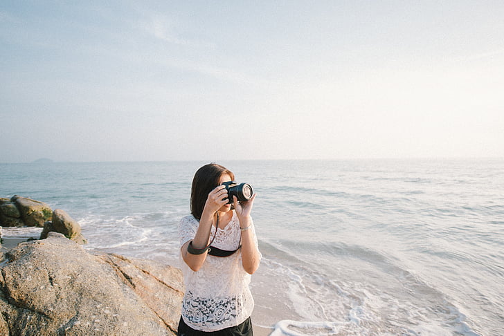 camera, coast, female, nature, ocean, person, photographer