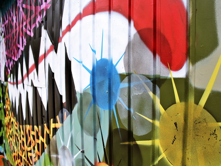 graffiti, garage, farverige, farve, rød, maling, kunst