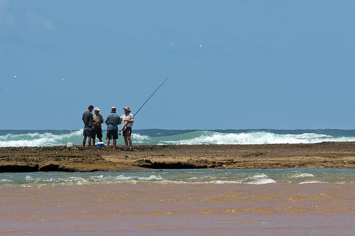 fisher, sea angling, fishermen, men, sand spit, rod, indian ocean