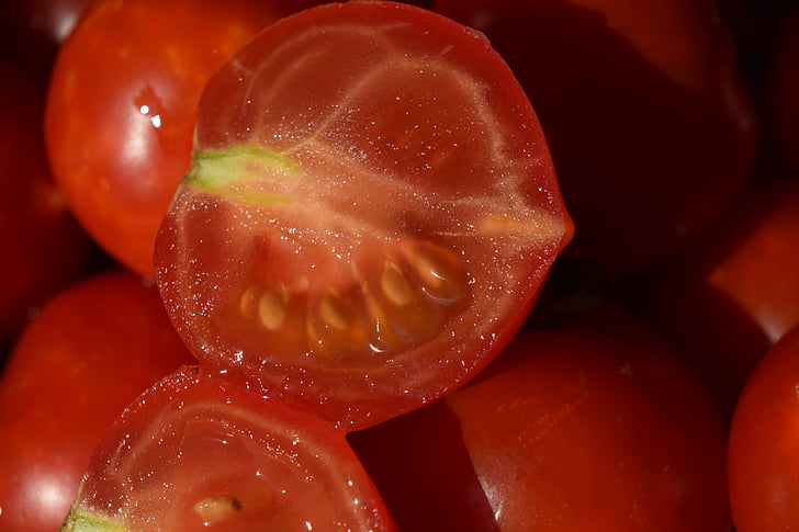 tomatid, küps, viilutatud, mahlane, punane, köögiviljad, terve