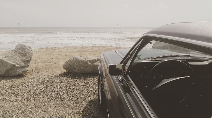 beach, car, mustang, ocean, parked, sand, sea