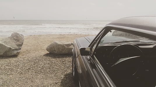 strand, auto, Mustang, Oceaan, geparkeerd, zand, zee