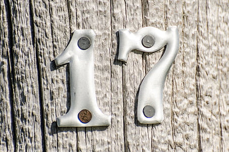 numbers, 17, metal numbers on post, wooden post, metal, lettering, sign