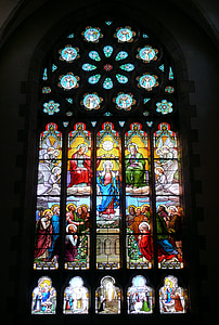 templom, ólomüveg ablak, festett üveg, Saint-cast-le-guildo, Franciaország