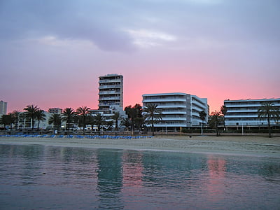 zalazak sunca, Hoteli, more, plaža, palme, Mallorca, Španjolska