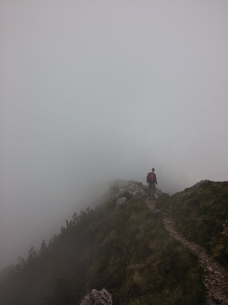 man, standing, top, mountain, mist mountain, mountain trail, fog