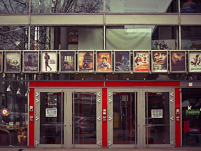cinema, movie theater, movies, input, posters, doors, facade