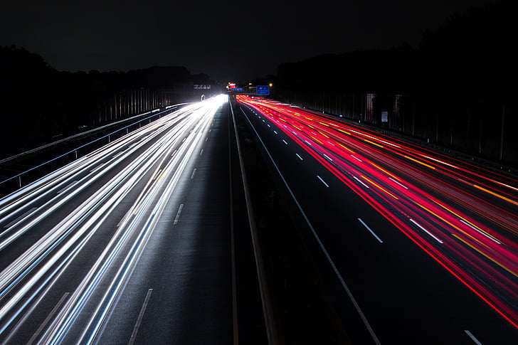 trànsit, llums, nit, l'autopista, moviment, semàfor, velocitat