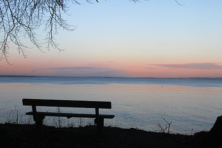 beach, bench, dawn, dusk, horizon, ocean, placid