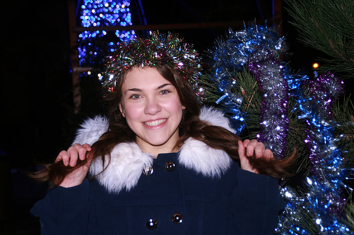 girl, christmas, christmas tree, tinsel, happiness