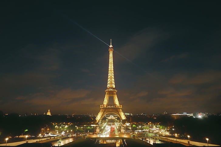 Eiffel, tornet, landmärke, natt, monumentet, arkitektur, resmål