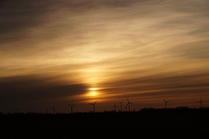 sunset, abendstimmung, romantic, sky, wind turbines, wind energy, wind park