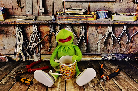 Kermit, työpaja, kahvitauko, pihdit, sammakko, työn hauska, Cup
