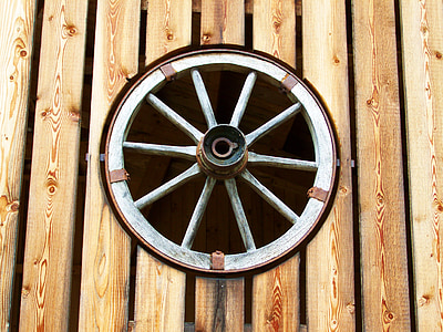 old wagon wheel, horse-drawn carriage wheel, wood
