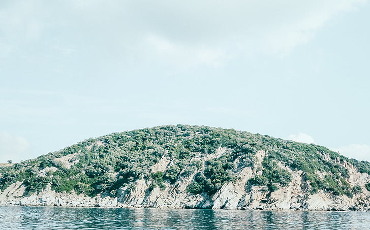 blue, calm, hill, island, isolated, nature, rocky