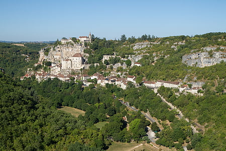 krajolik, Rocamadour, selo, Francuska, litice, alzou, zidove